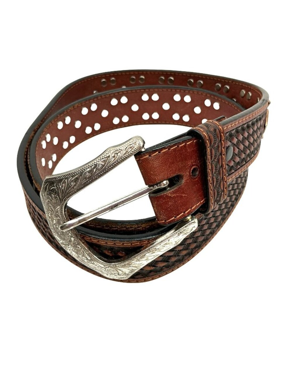DDD 3-D Western Style Genuine Handtooled Leather Belt With Engraved Silver Buckl
